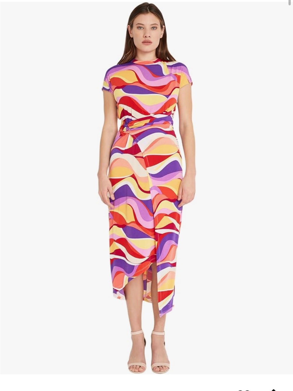 NWT Donna Morgan Short Sleeve Wrap Look Midi Dress - Soft White/Byzantium sz 12